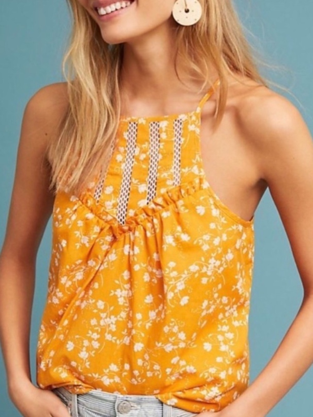 Maeve Anthropologie Martel yellow floral halter tank top